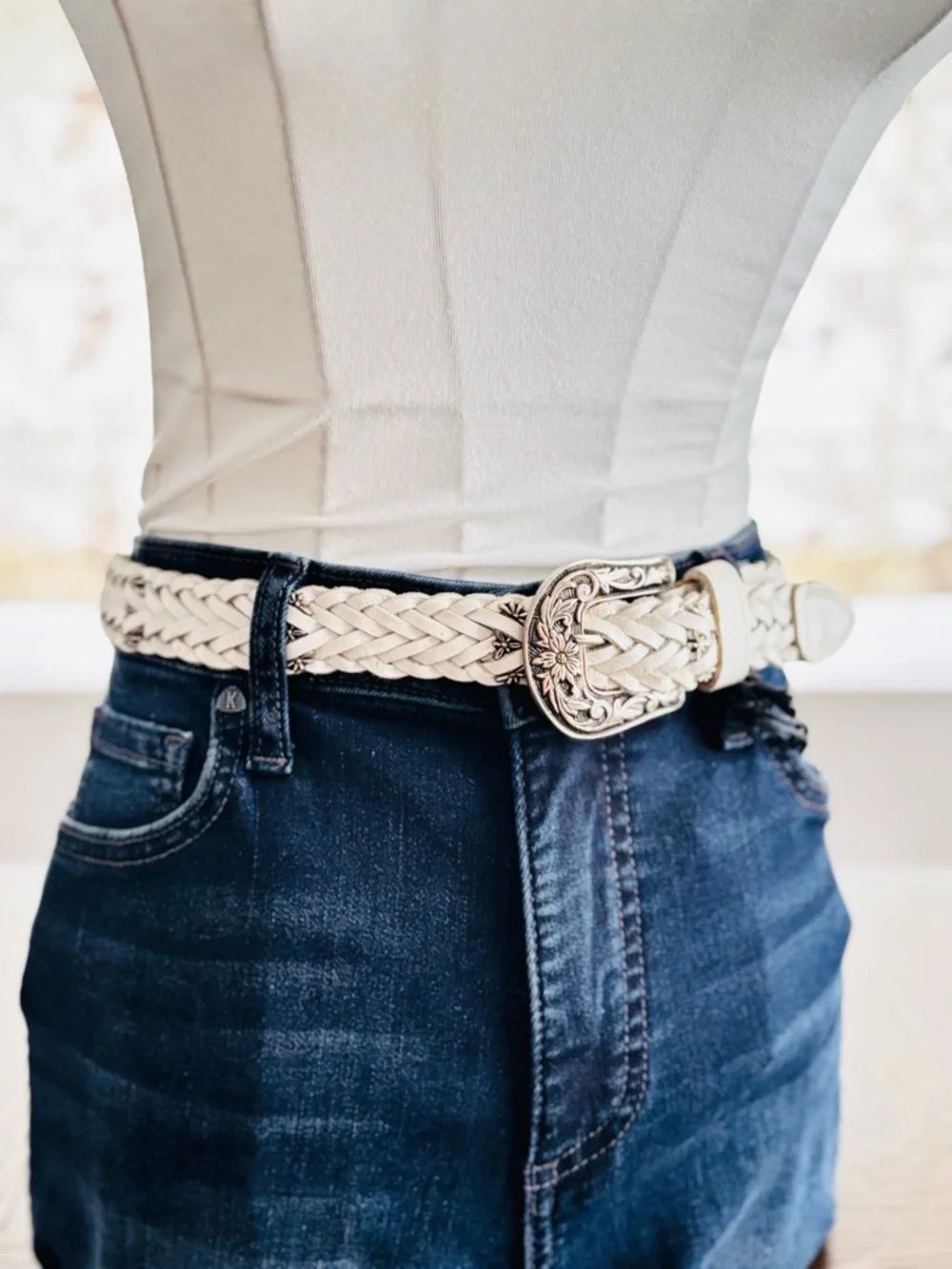 Boho Western Braided Leather Belt White Silver Buckle Anthropologie Style